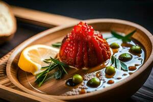 a dish with a tomato and lemon on a wooden plate. AI-Generated photo