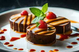 three chocolate cakes with sauce and strawberries on a plate. AI-Generated photo