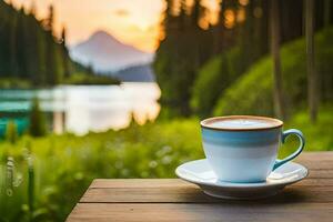 café taza en un mesa en frente de un lago. generado por ai foto