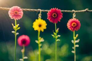 colorful flowers hanging from a rope. AI-Generated photo