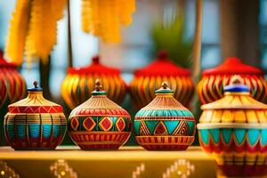 colorful pottery on display at a wedding. AI-Generated photo