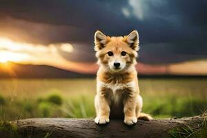 a puppy sits on a log in front of a sunset. AI-Generated photo