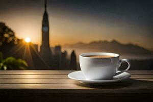 a cup of coffee on a wooden table in front of a cityscape. AI-Generated photo