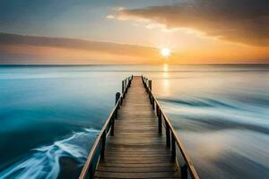 a long exposure photograph of a pier stretching into the ocean. AI-Generated photo