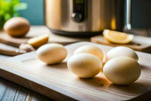 eggs on a cutting board next to an electric pressure cooker. AI-Generated photo