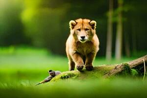 a lion cub walking on a log in the forest. AI-Generated photo