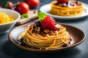 spaghetti with strawberries and mushrooms on a plate. AI-Generated photo