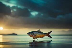 un pescado es en pie en un rock en el agua. generado por ai foto