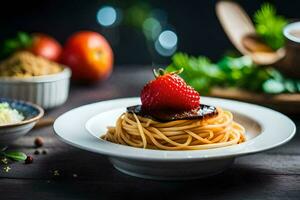 spaghetti with a strawberry on top. AI-Generated photo