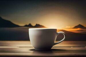 a coffee cup sits on a table in front of a mountain. AI-Generated photo