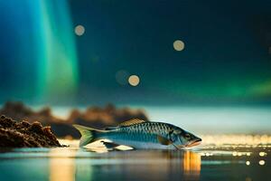 un pescado es nadando en el agua a noche. generado por ai foto