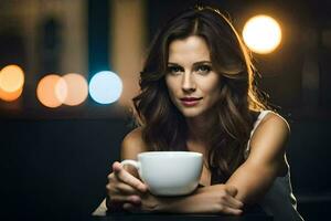 un mujer participación un taza de café. generado por ai foto