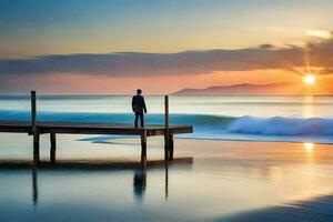 a man stands on a pier looking at the ocean at sunset. AI-Generated photo