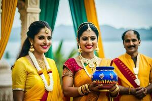 a beautiful indian wedding with two women in yellow saris. AI-Generated photo
