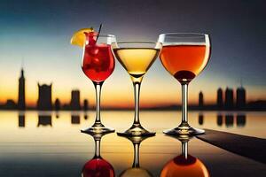 three glasses of different drinks on a table with a city skyline in the background. AI-Generated photo