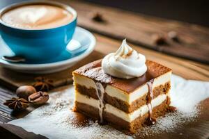 coffee and cake on a wooden table. AI-Generated photo