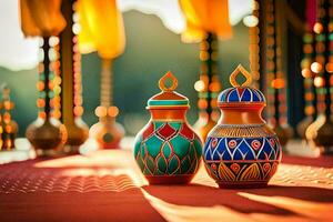 two colorful vases sit on a table. AI-Generated photo