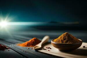 spices in a bowl and spices in a wooden spoon on a wooden table. AI-Generated photo