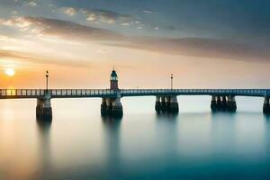 un faro soportes en un muelle a puesta de sol. generado por ai foto