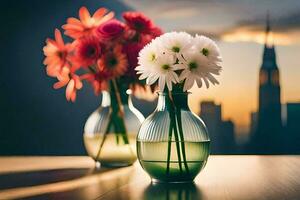 two vases with flowers on a table in front of a city skyline. AI-Generated photo