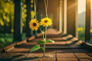 dos girasoles son colgando desde un de madera puente. generado por ai foto