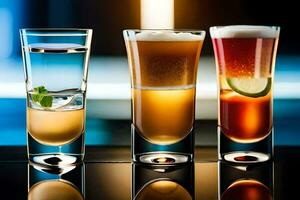 three different types of drinks in glasses. AI-Generated photo