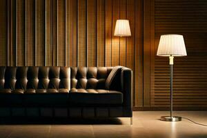 a black leather couch in front of a lamp. AI-Generated photo