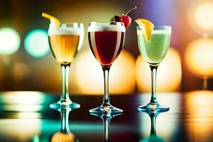 three glasses of different colored drinks on a table. AI-Generated photo