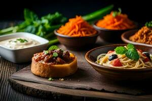 a wooden table with bowls of food and vegetables. AI-Generated photo