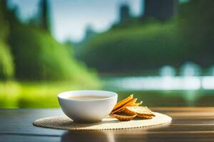 un taza de té y galletas en un de madera mesa. generado por ai foto