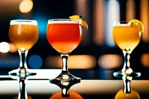 three glasses of different colored drinks on a table. AI-Generated photo