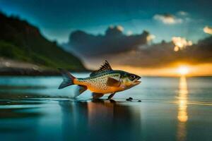 un pescado es en pie en el playa a puesta de sol. generado por ai foto