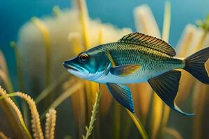 un pescado nadando en el agua con césped. generado por ai foto