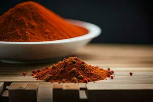 a bowl of red chili powder on a wooden table. AI-Generated photo