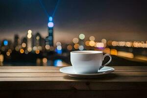 a cup of coffee on a wooden table in front of a cityscape. AI-Generated photo