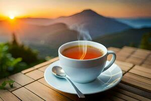 a cup of tea on a wooden table with a view of the mountains. AI-Generated photo