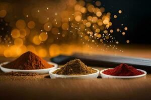 three bowls of spices on a table with a light background. AI-Generated photo