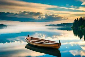 a boat floating on a calm lake at sunset. AI-Generated photo