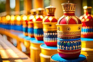 a row of colorful vases on a table. AI-Generated photo