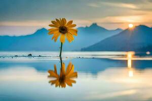 un soltero amarillo flor soportes en el medio de un lago. generado por ai foto