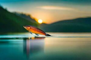 un pescado es saltando fuera de el agua a puesta de sol. generado por ai foto