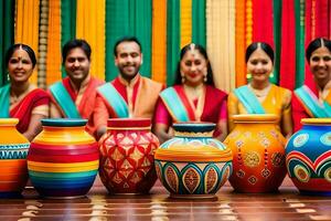 un grupo de personas en vistoso saris posando para un fotografía. generado por ai foto