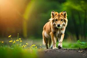 un perro caminando en un suciedad la carretera en el bosque. generado por ai foto