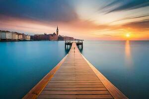 a long exposure photograph of a pier in the water. AI-Generated photo