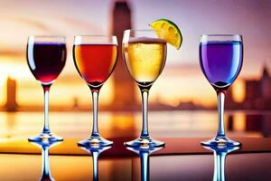 four glasses of different colored drinks are lined up on a table. AI-Generated photo