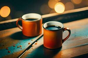 two coffee cups on a wooden table with a bokeh background. AI-Generated photo