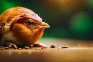 un pollo es sentado en el suelo con alimento. generado por ai foto