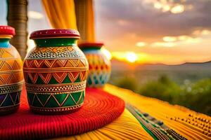 Tres vistoso floreros en un mesa con un puesta de sol en el antecedentes. generado por ai foto