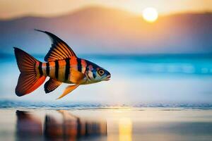 un pescado es nadando en el Oceano a puesta de sol. generado por ai foto