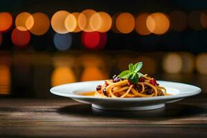 spaghetti with tomato sauce and basil on a plate. AI-Generated photo